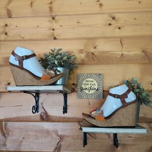 BioStep Leather Wooden Floral Applique Wedge Platform Sandals Boho Spain Size 10